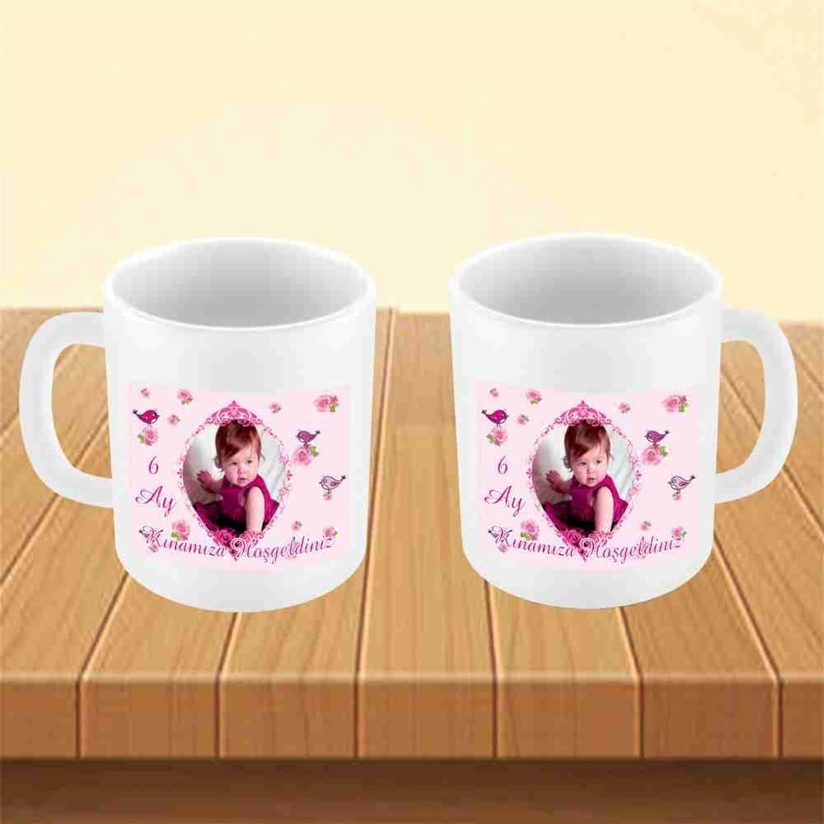 6 Ay Kınası Pembe Kuşlu Tema Kupa Mug Bardak 
