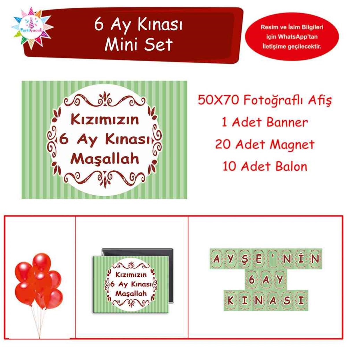 6 Ay Kınası Yeşil Çizgili Parti Mini Set 