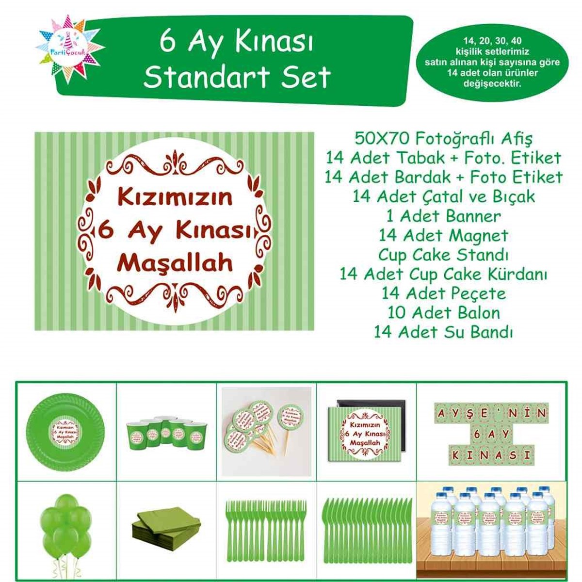 6 Ay Kınası Yeşil Çizgili Standart Set  