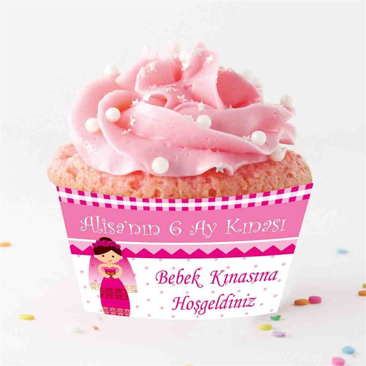 Altı Ay Kınası Karikatürlü Parti Pembe Cupcake Sargısı 