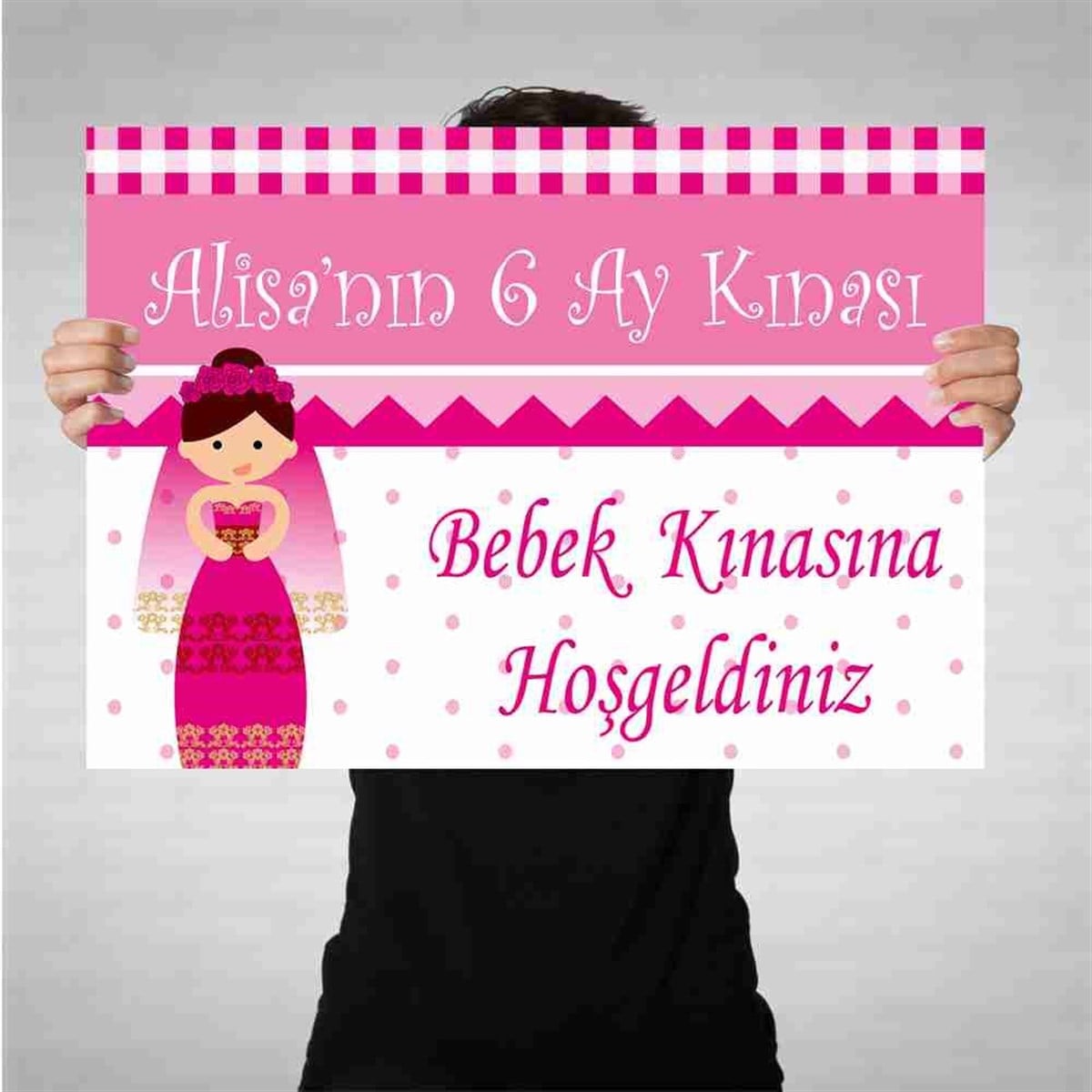 Altı Ay Kınası Karikatürlü Parti Pembe Afiş  