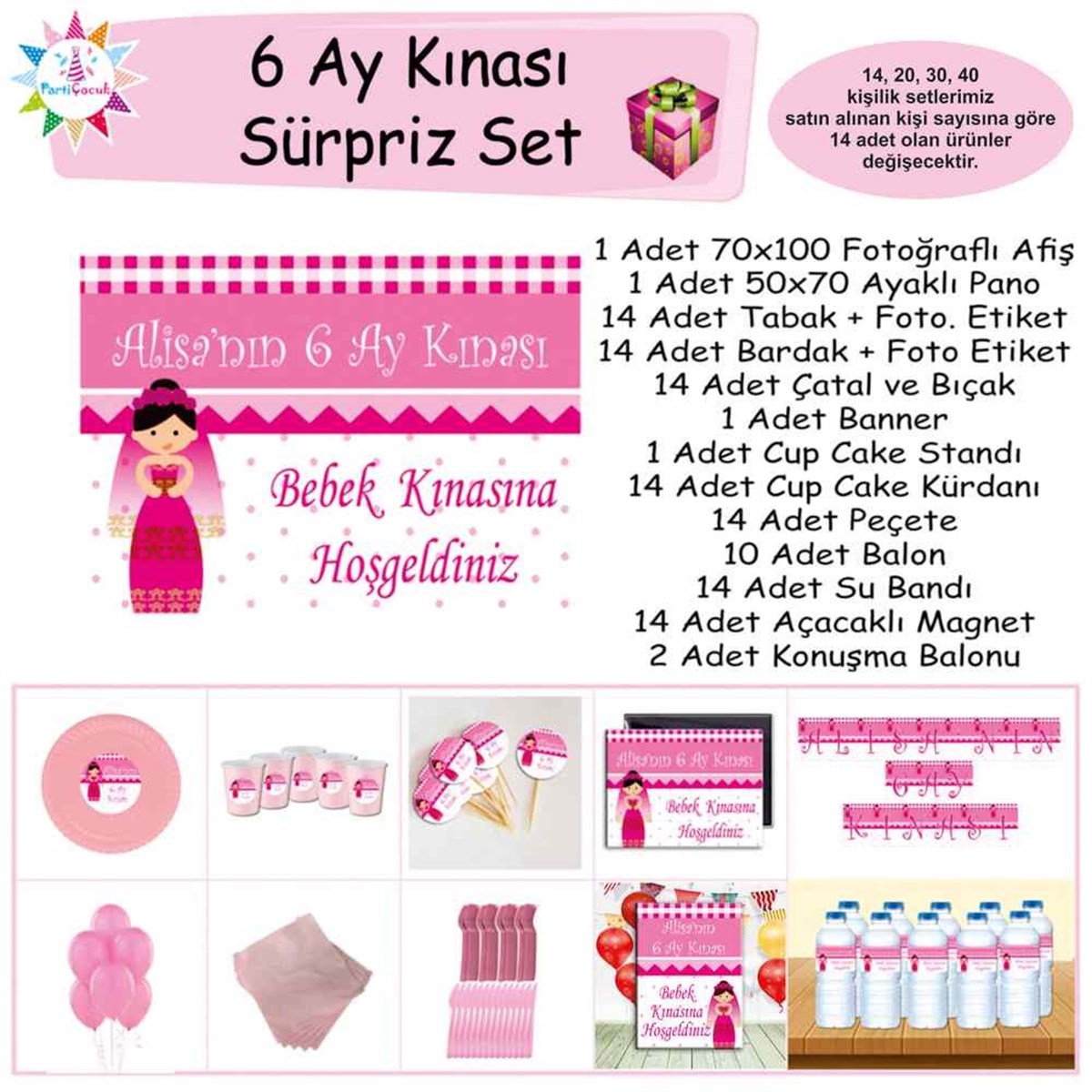 Altı Ay Kınası Karikatürlü Parti Pembe Sürpriz Set 