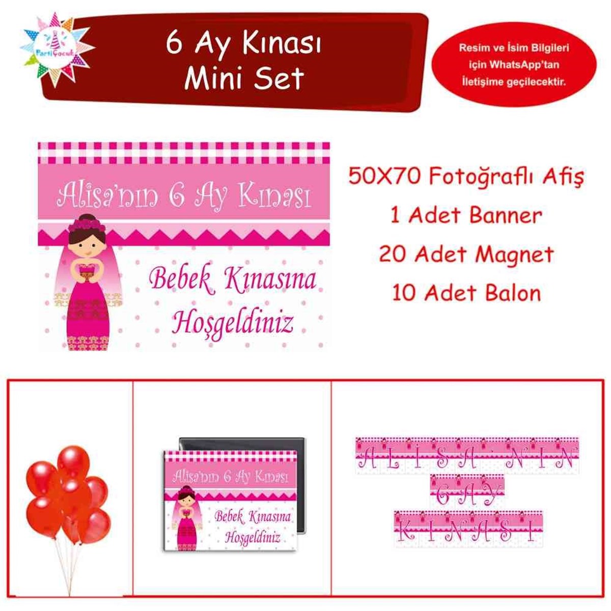 Altı Ay Kınası Karikatürlü Parti Pembe  Mini Set 