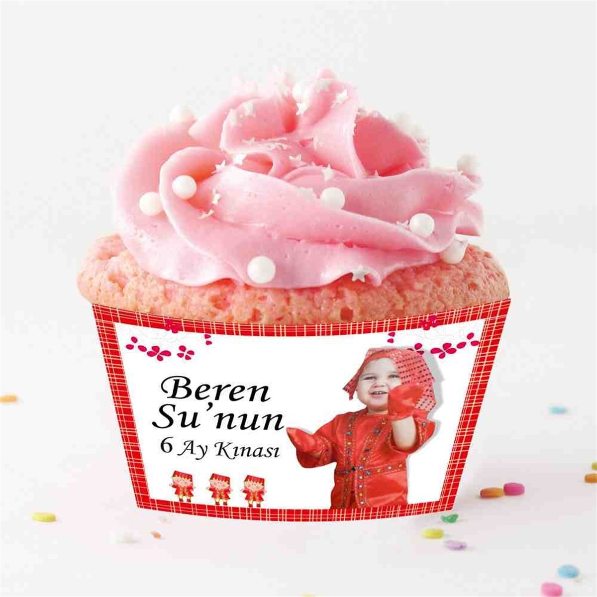 Altı Ay Kınası Kırmızı Çizgili Parti Cupcake Sargısı 