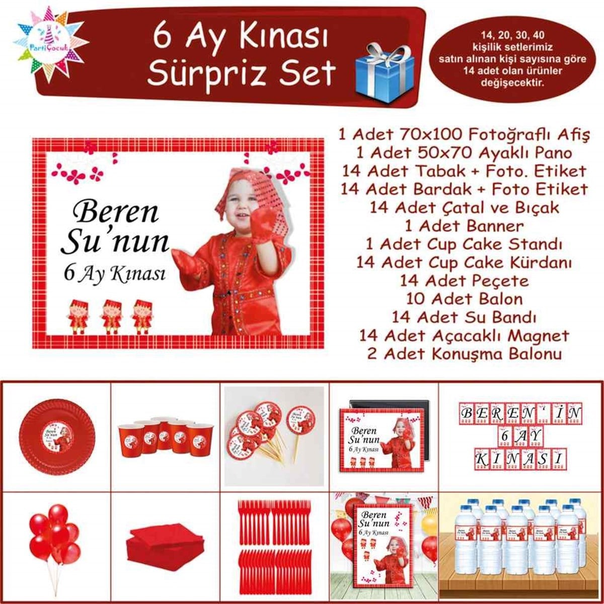Altı Ay Kınası Kırmızı Çizgili Parti Sürpriz Set 