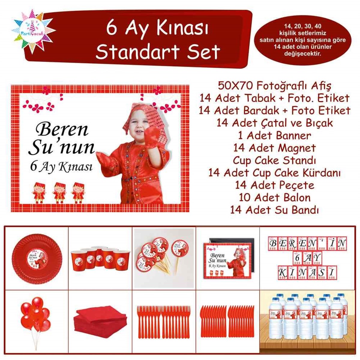 Altı Ay Kınası Kırmızı Çizgili Parti Standart Set 