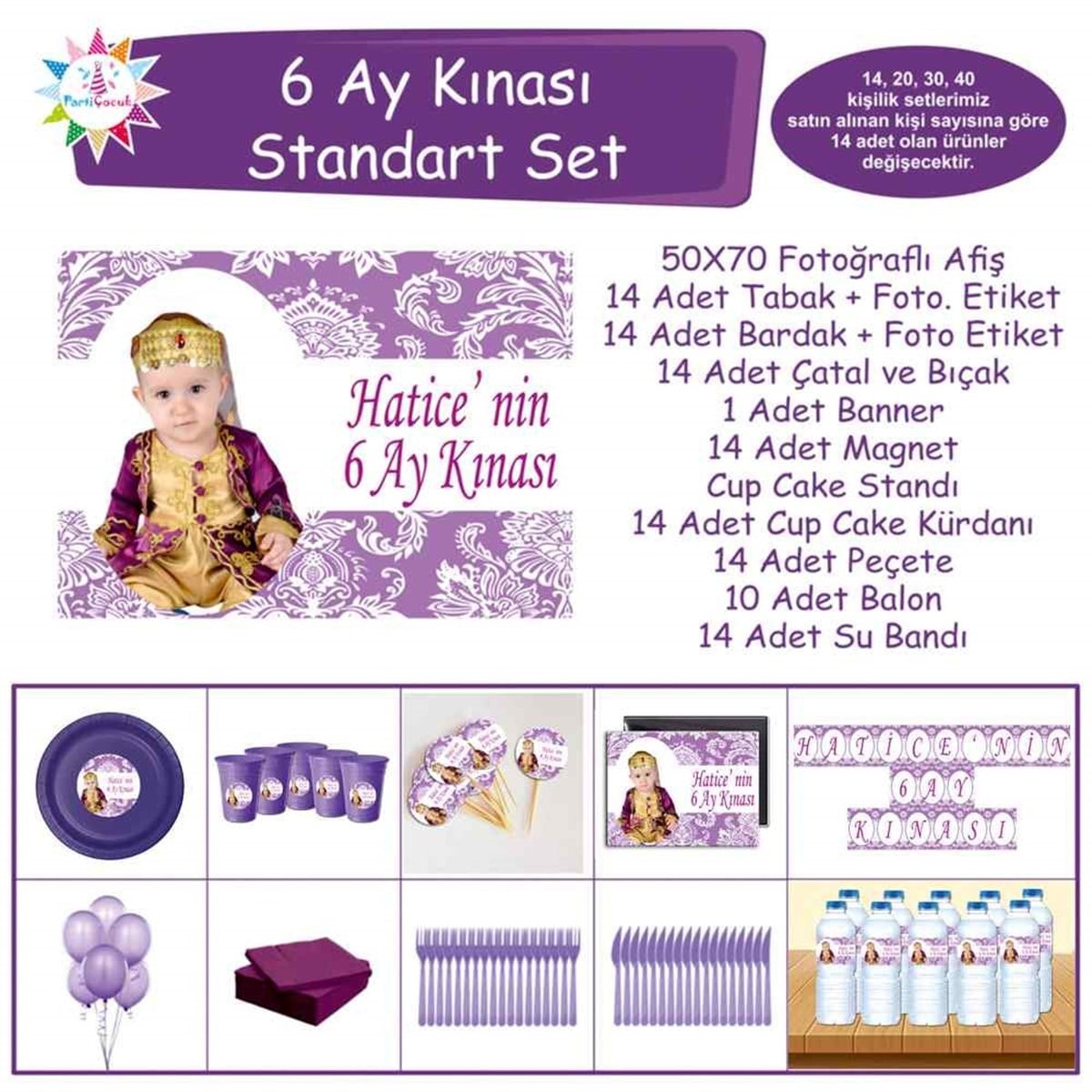 Altı Ay Kınası Mor Çiçek Desenli Parti Standart Set 
