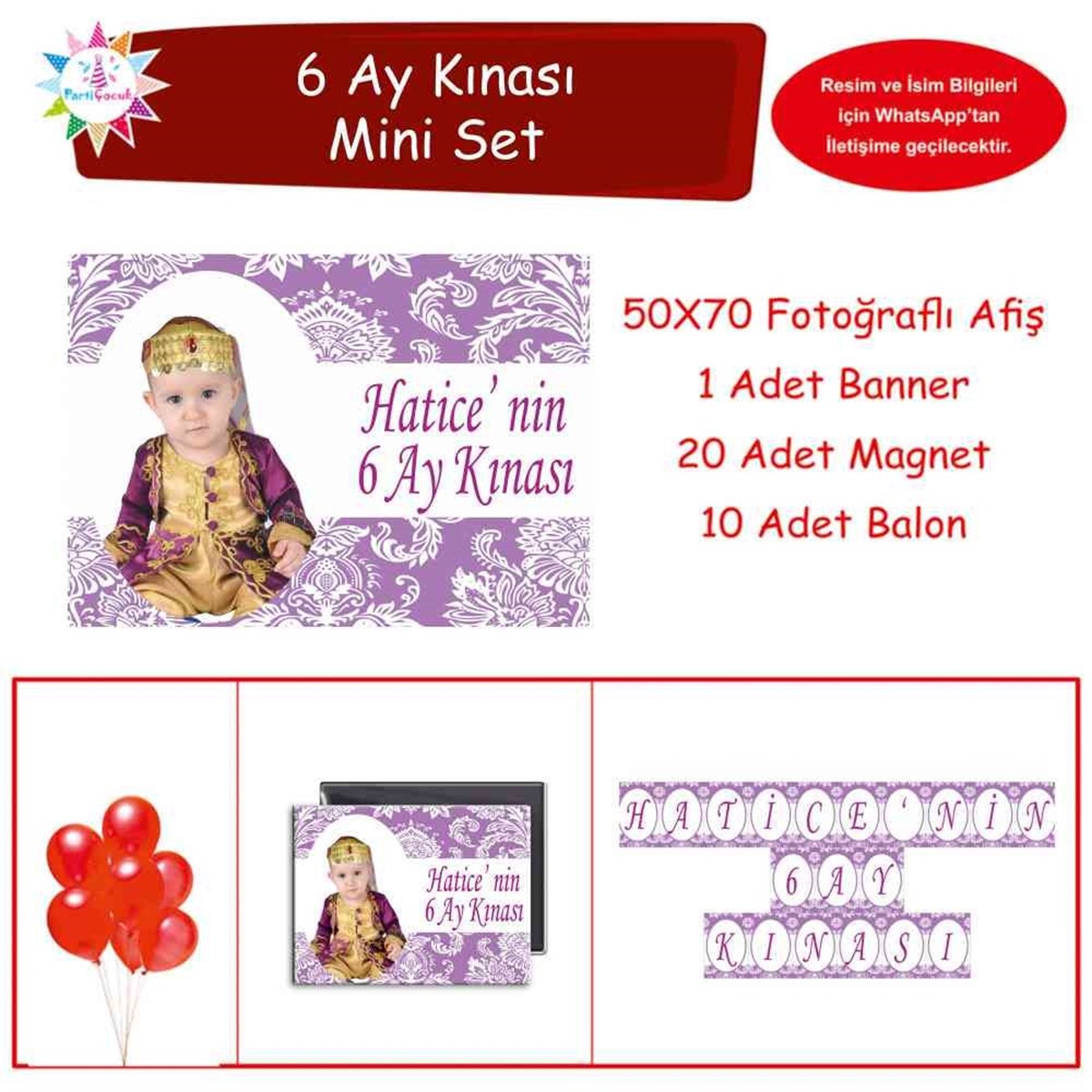 Altı Ay Kınası mor çiçek desenli Parti Mini Set 