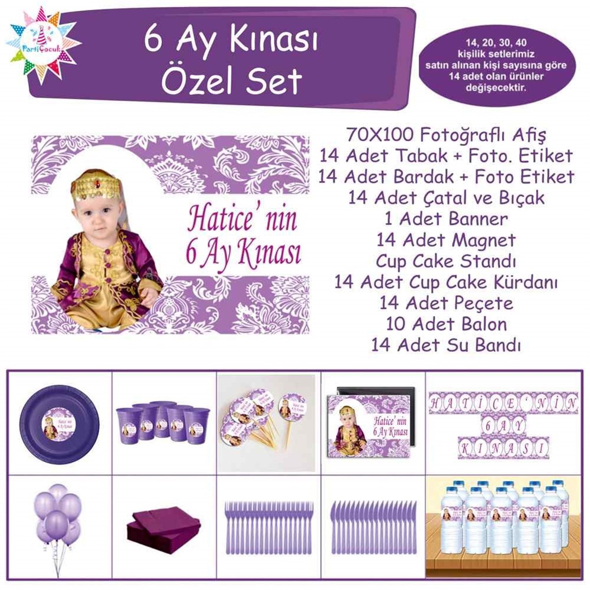 Altı Ay Kınası Mor Çiçek Desenli Parti Özel Set 