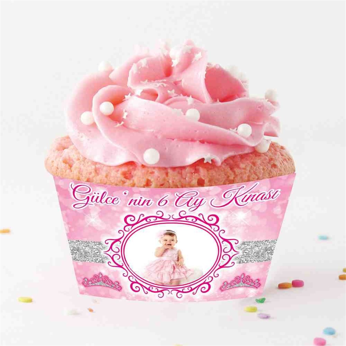 Altı Ay Kınası Pembe Taçlı Konsept Cupcake Sargısı 