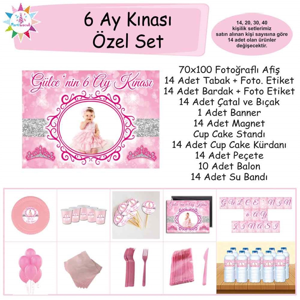 Altı Ay Kınası Pembe Taçlı Konsept Özel Set 