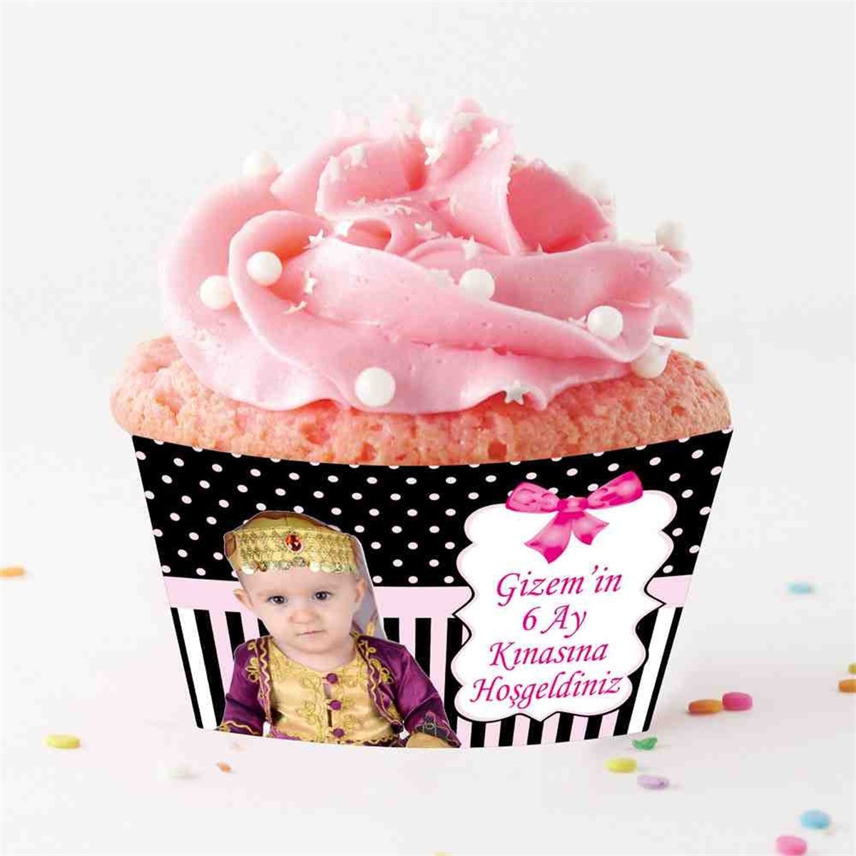 Altı Ay Kınası Siyahlı Pembeli Cupcake Sargısı 