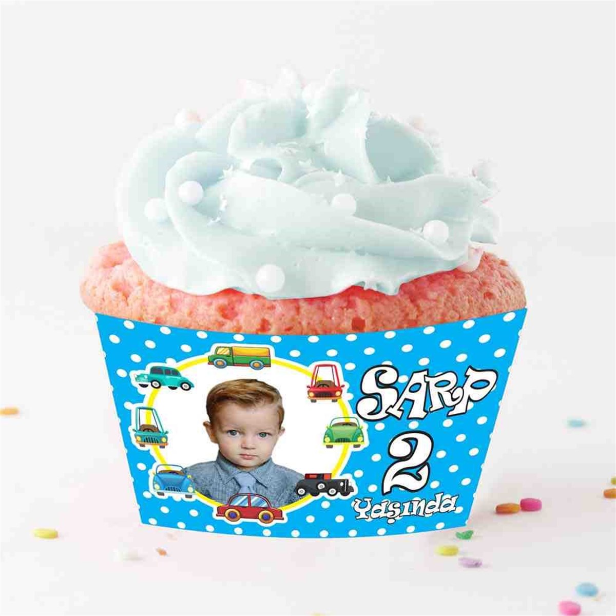 Araba Çerçeveli Mavi Cupcake Sargısı  