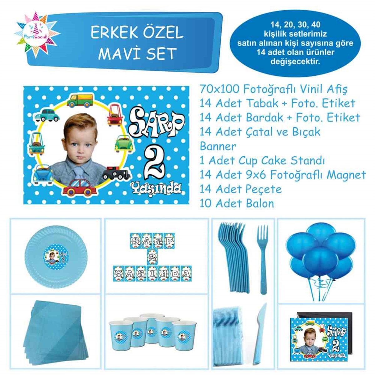 Araba Çerçeveli Mavi Parti Süsleri Özel Set 