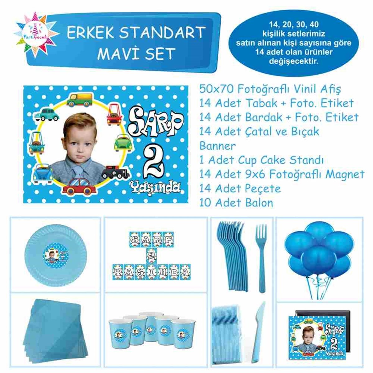 Araba Çerçeveli Mavi Parti Süsleri Standart Set 