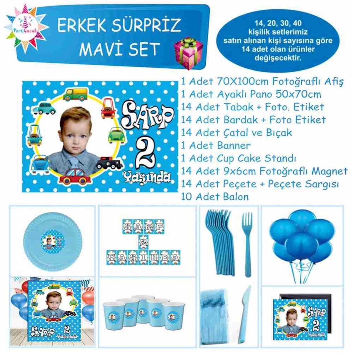 Araba Çerçeveli Mavi Parti Süsleri Sürpriz Set 