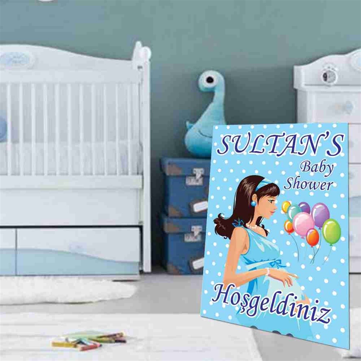 Baby Shower Mavi Balonlu Konsepti Ayaklı Pano 
