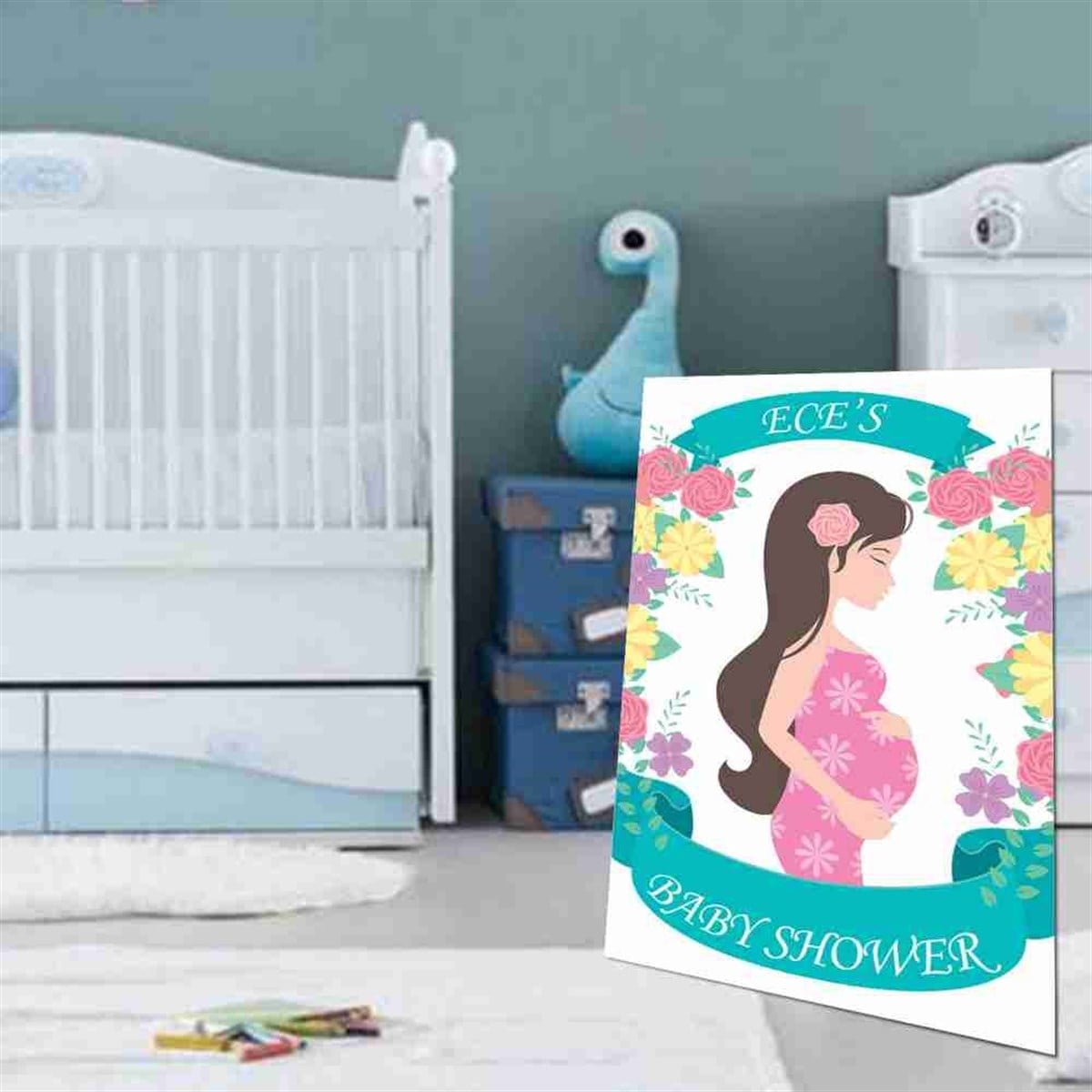 Baby Shower  Mavi Çicekli Konsepti Ayaklı Pano 