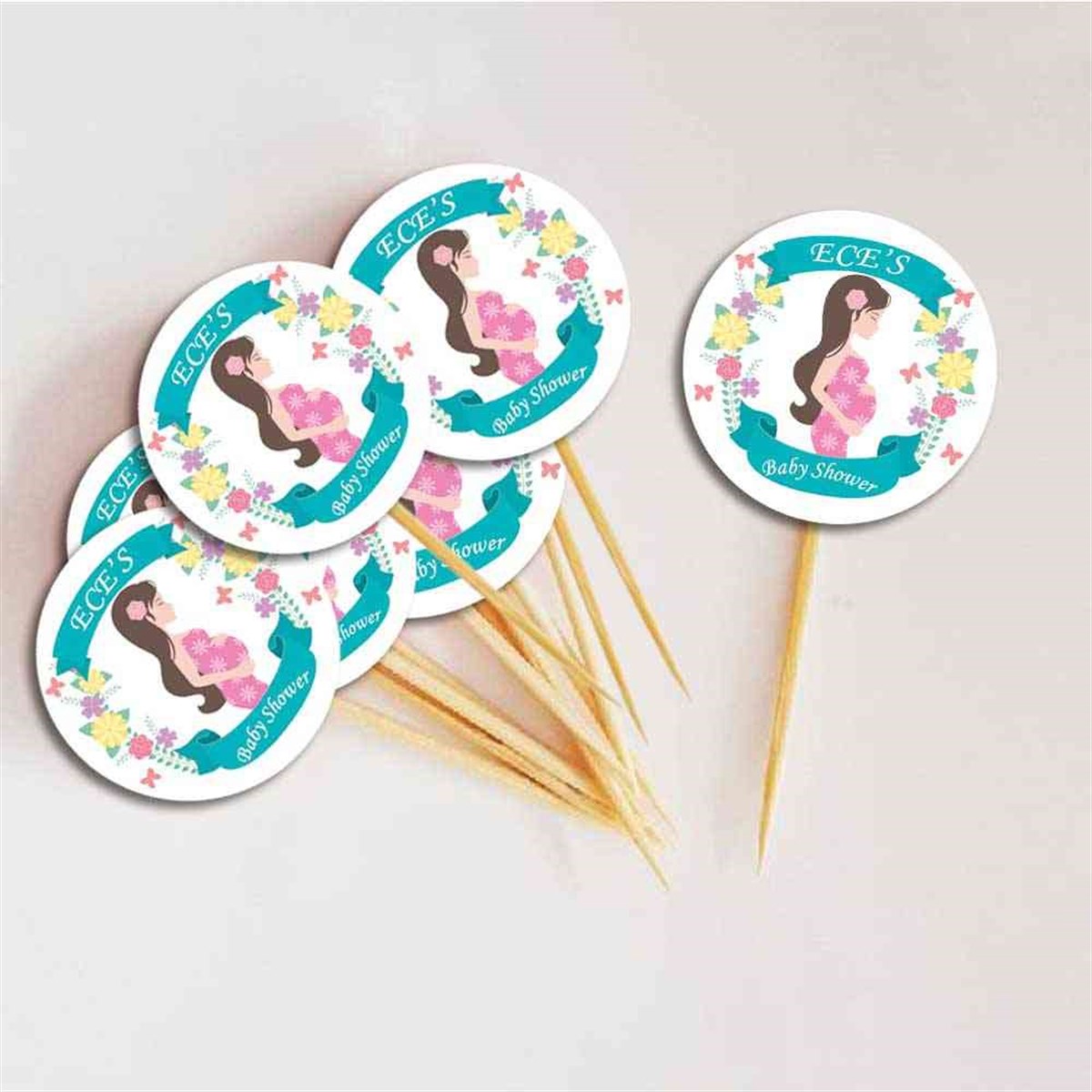 Baby Shower  Mavi Çicekli Konsepti Kürdan Cupcake 