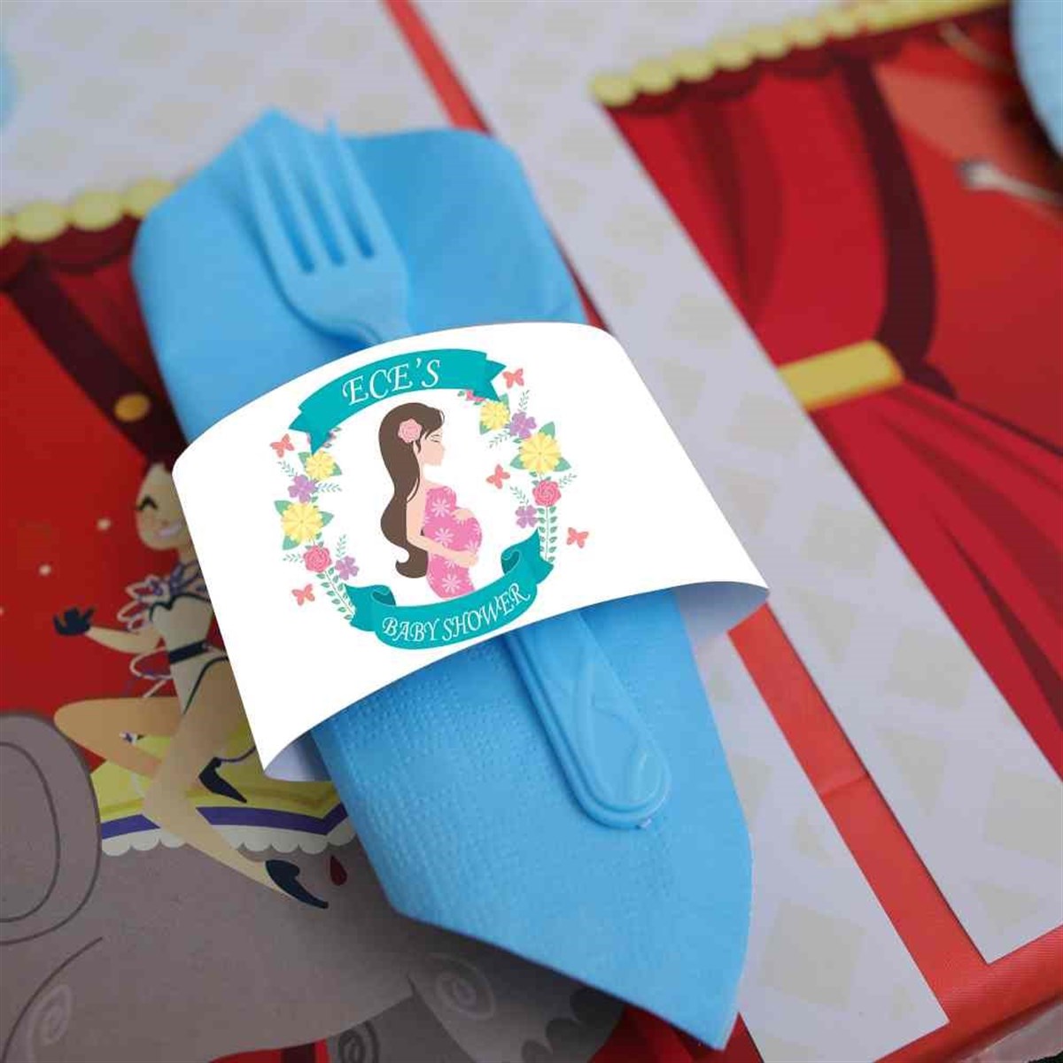 Baby Shower  Mavi Çicekli Konsepti Peçetelik Bandı 