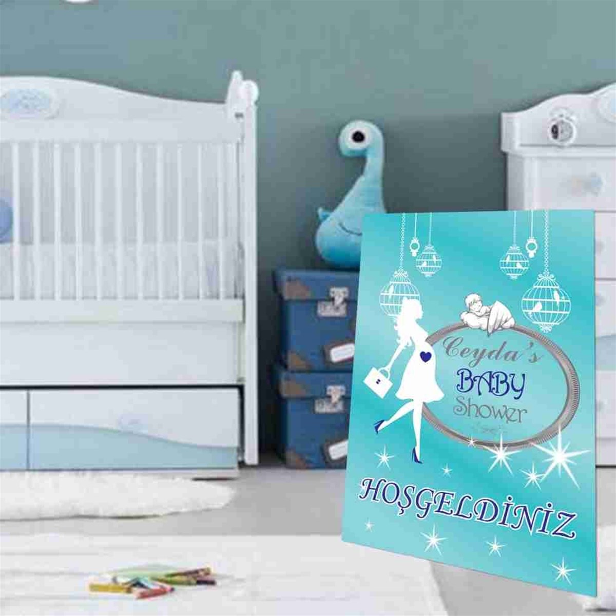 Baby Shower  Mavi Melekli Konsepti Ayaklı Pano 