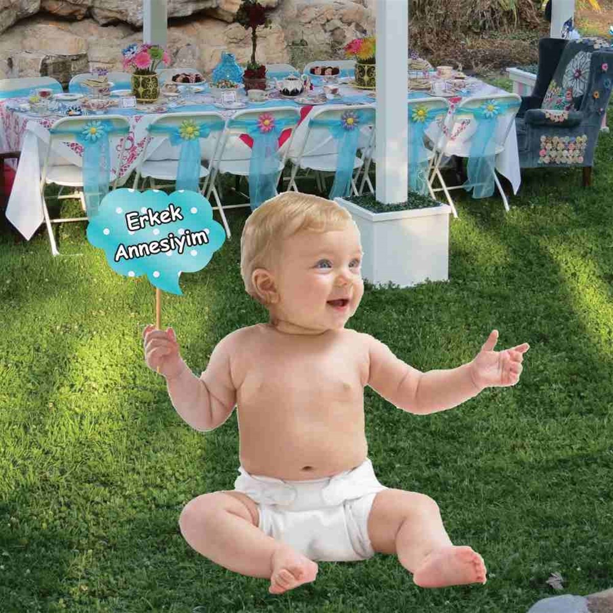 Baby Shower  Mavi Melekli Konsepti Kişiye Özel Konuşma Balonu 