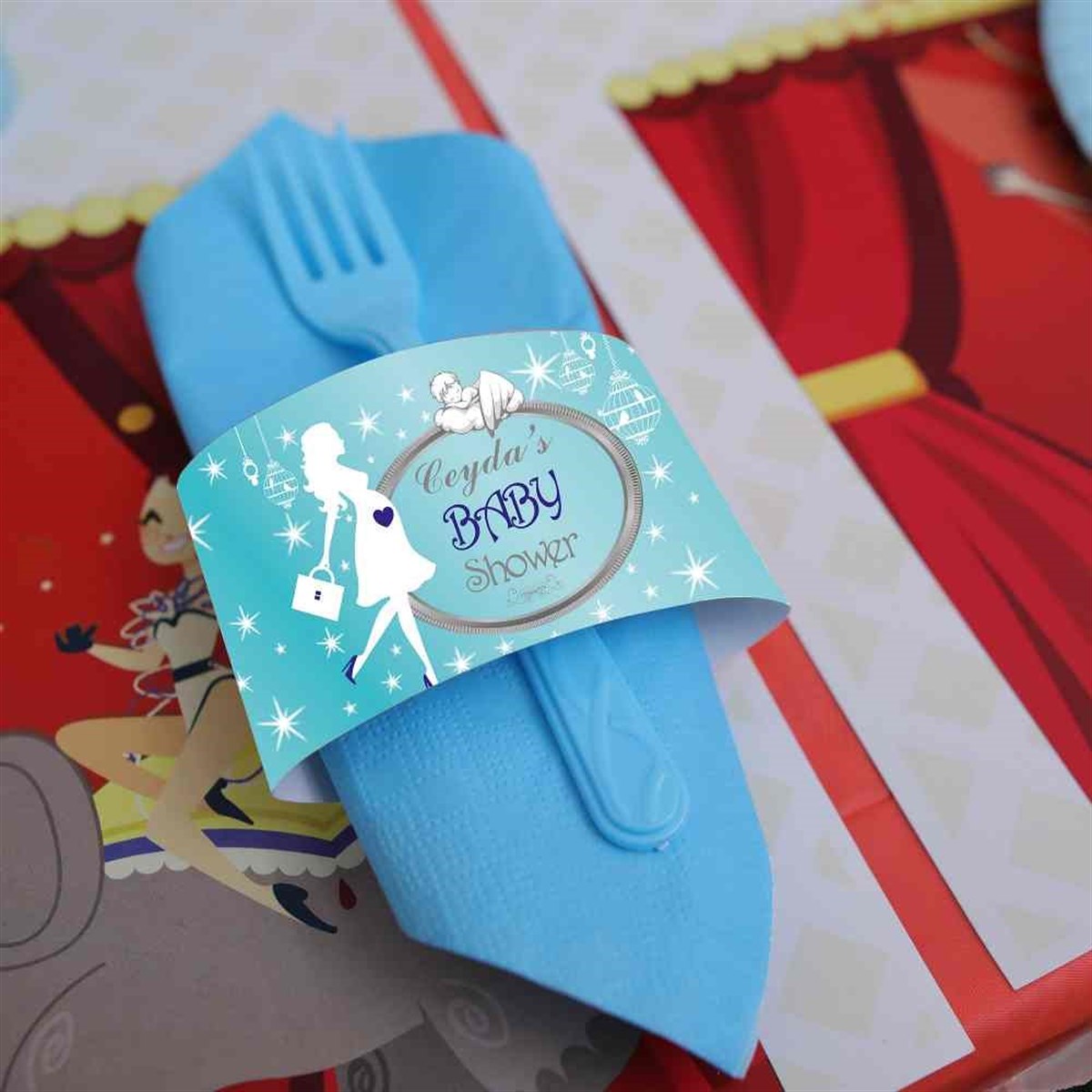 Baby Shower  Mavi Melekli Konsepti Peçetelik Bandı 