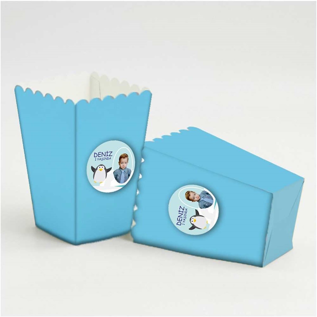 Balıklı Penguen Etiketli Popcorn Kutusu 10 Adet 