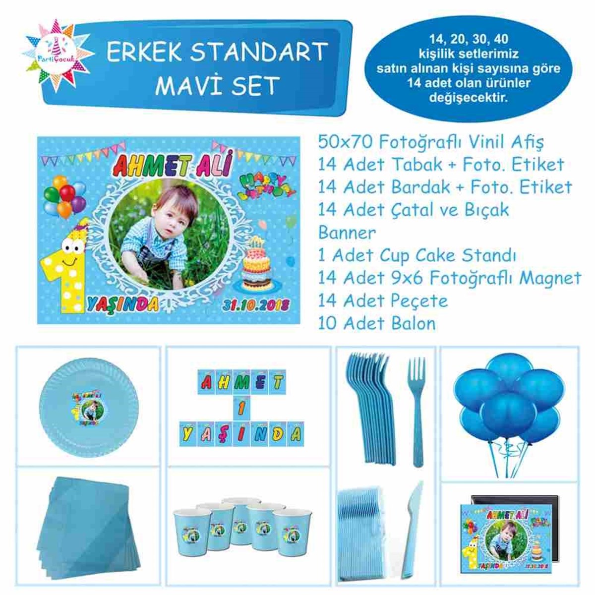 Balonlu 1 Yaş Doğum Günü Süsleri Standart Set 