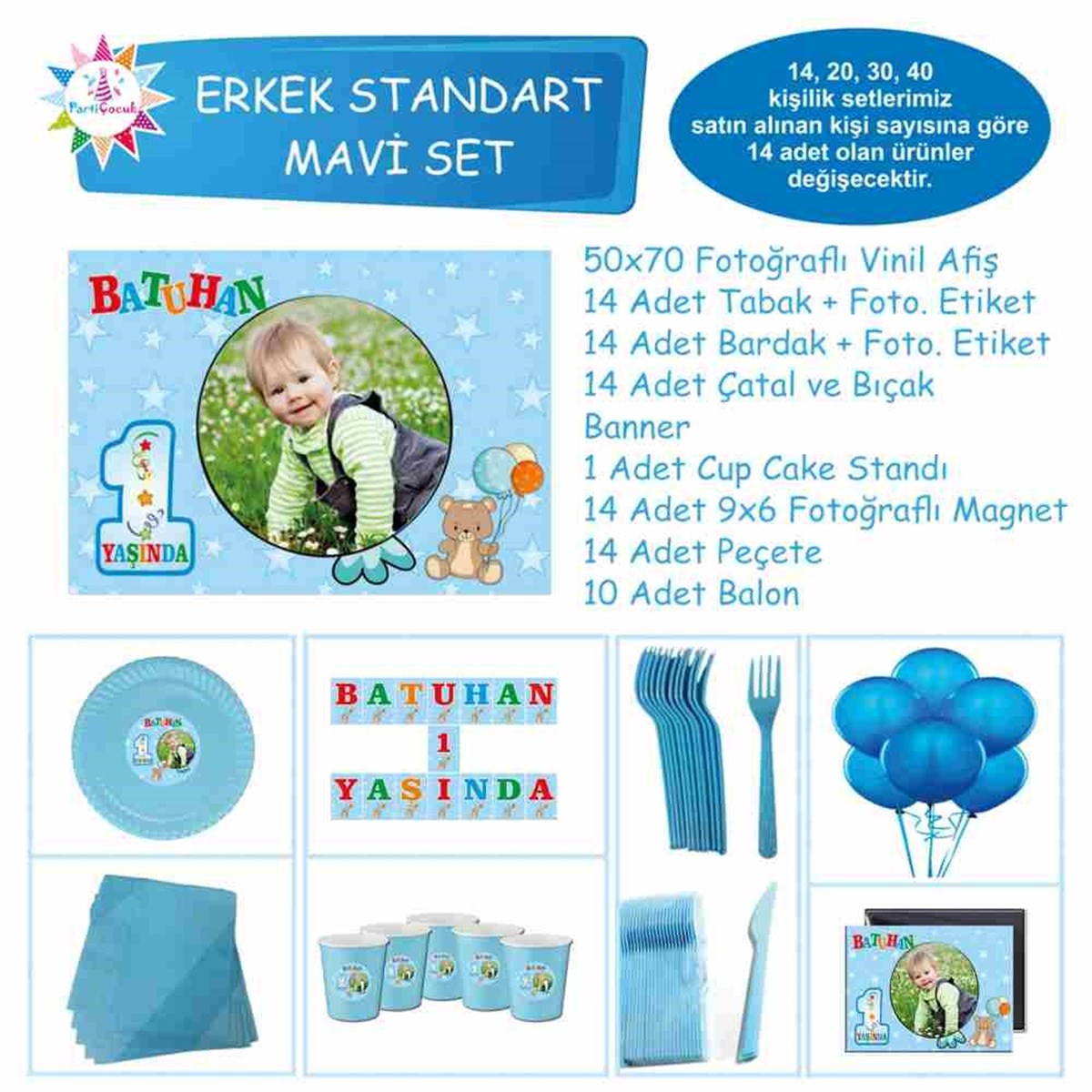 Balonlu Ayılı Erkek Çocuğu Doğum Günü Standart Set 