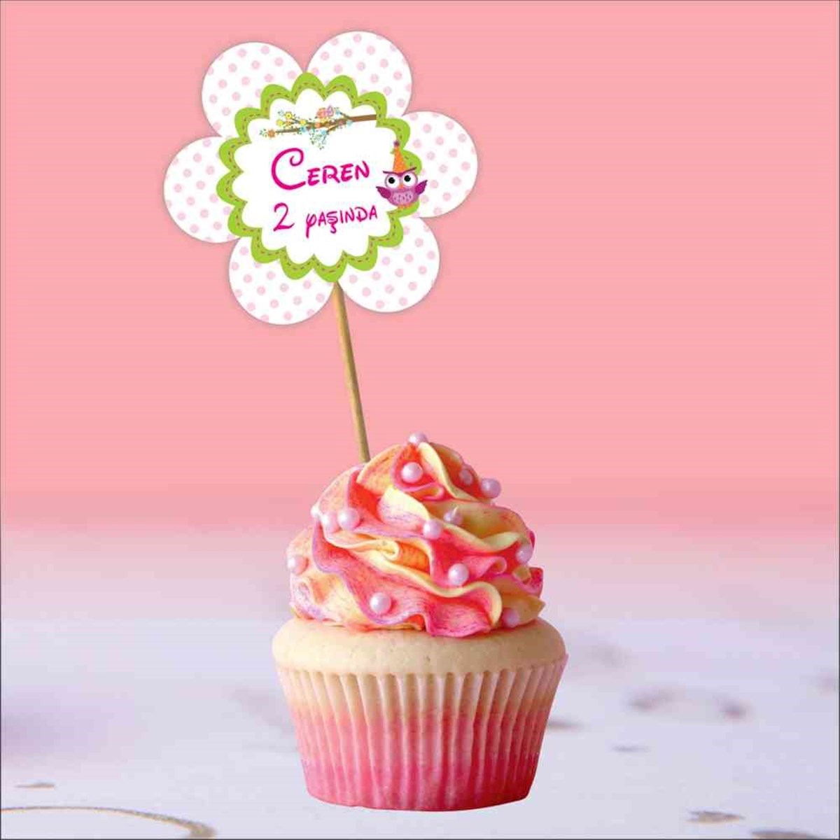 Baykuş Konsepti Kürdan Çicekli Cupcake 