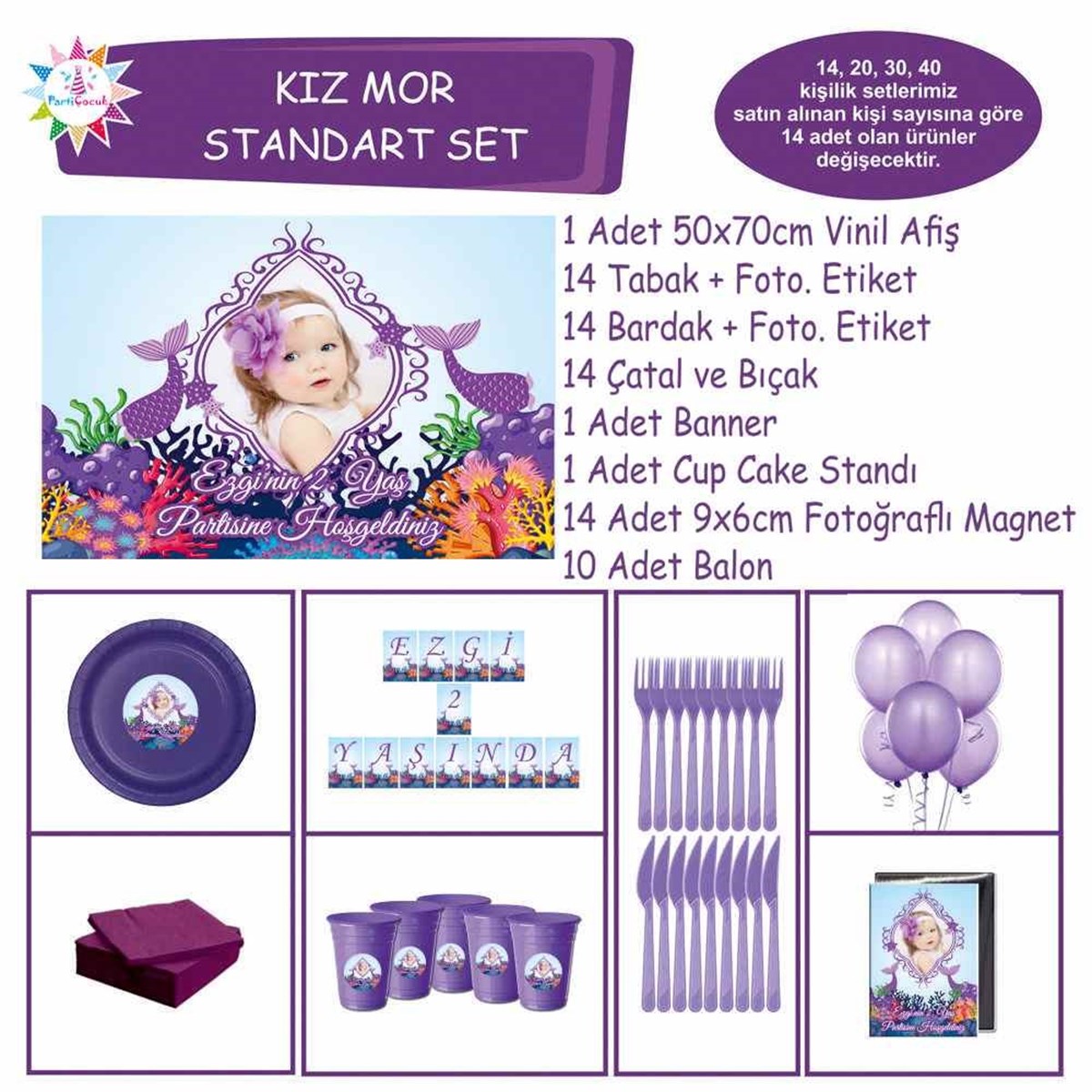 Deniz Kızı Morlu Kişiye Özel Parti Seti Standart Set 