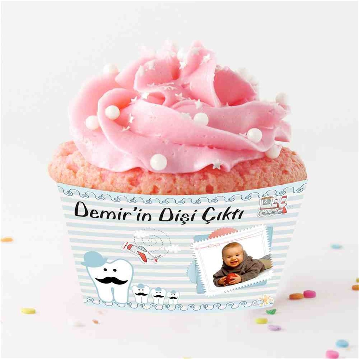 Diş Buğdayı Bıyıklı Diş Mavi Konsept Cupcake Sargısı 