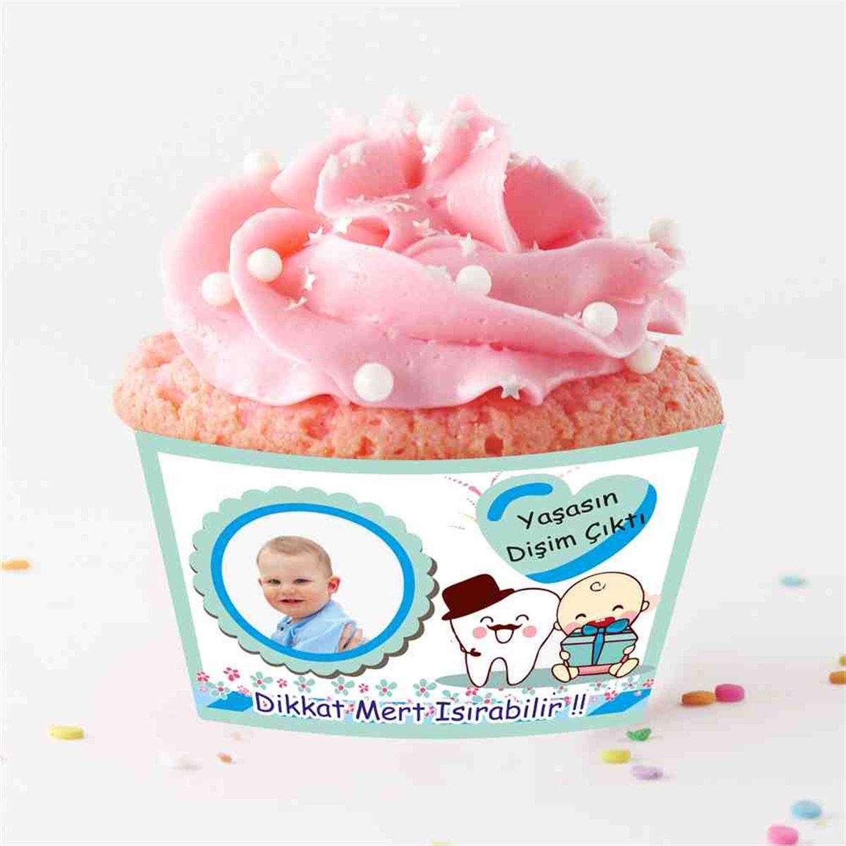 Diş Buğdayı Bıyıklı Şapkalı Diş Cupcake Sargısı 