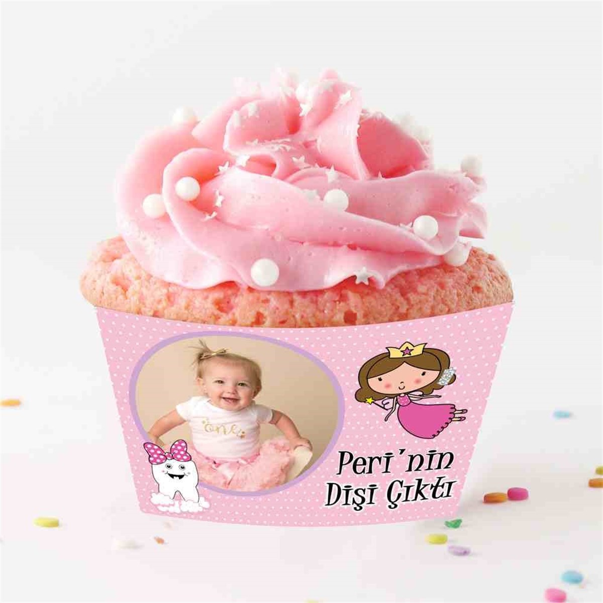 Diş Buğdayı Fiyonklu Pembe Diş Cupcake Sargısı 