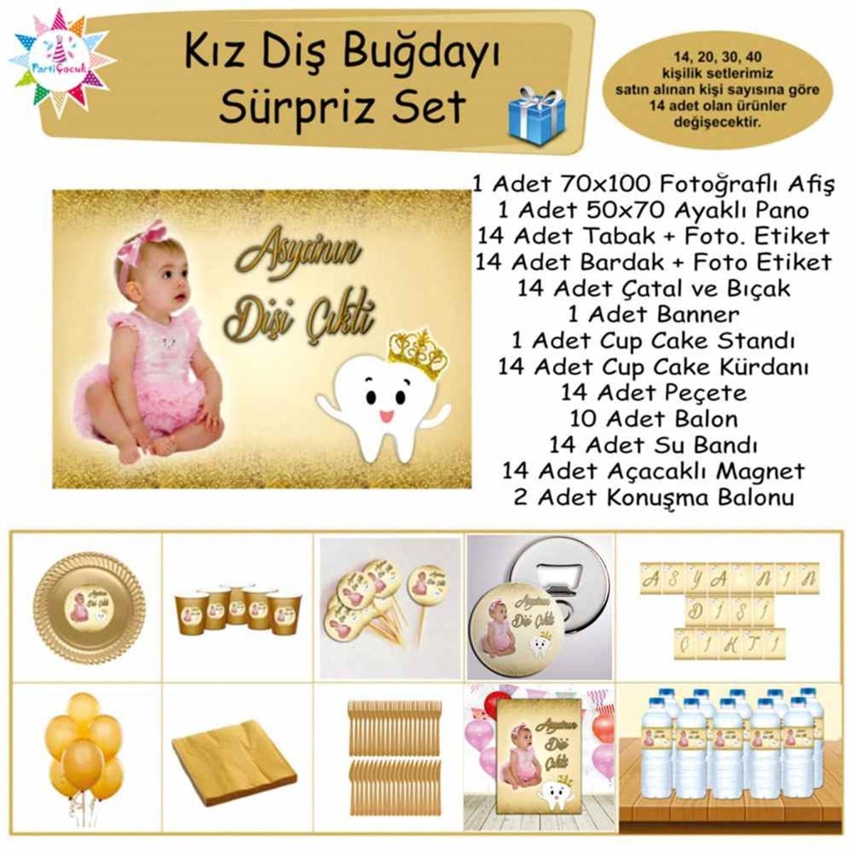 Diş Buğdayı Gold Taçlı Parti Seti Süpriz Set 