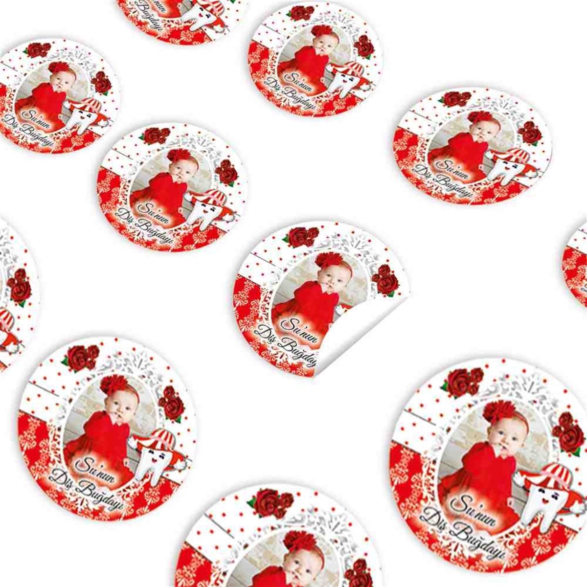 Diş Buğdayı Kırmızı Şapkalı ve Güllü Sticker 30 Adet 