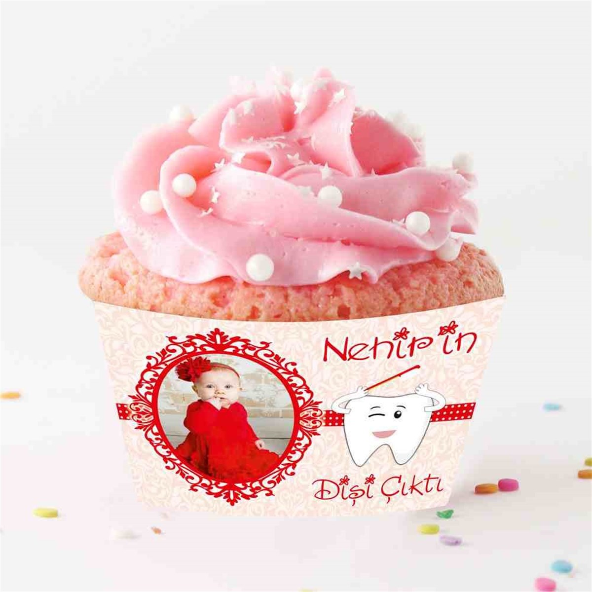 Diş Buğdayı Kırmızı ve Desenli Parti Süsü Cupcake Sargısı 