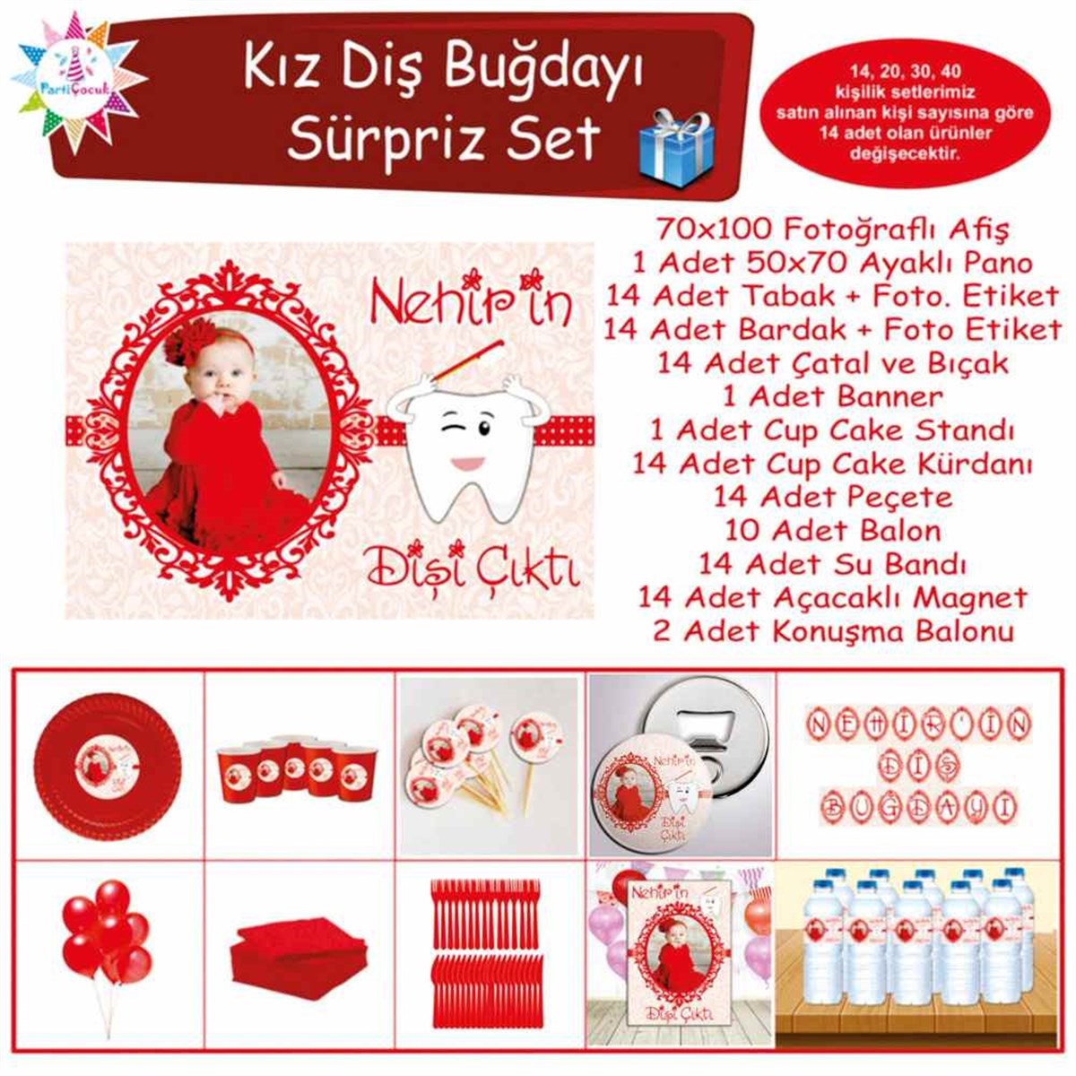 Diş Buğdayı Kırmızı ve Desenli Parti Süsü Süpriz Set 