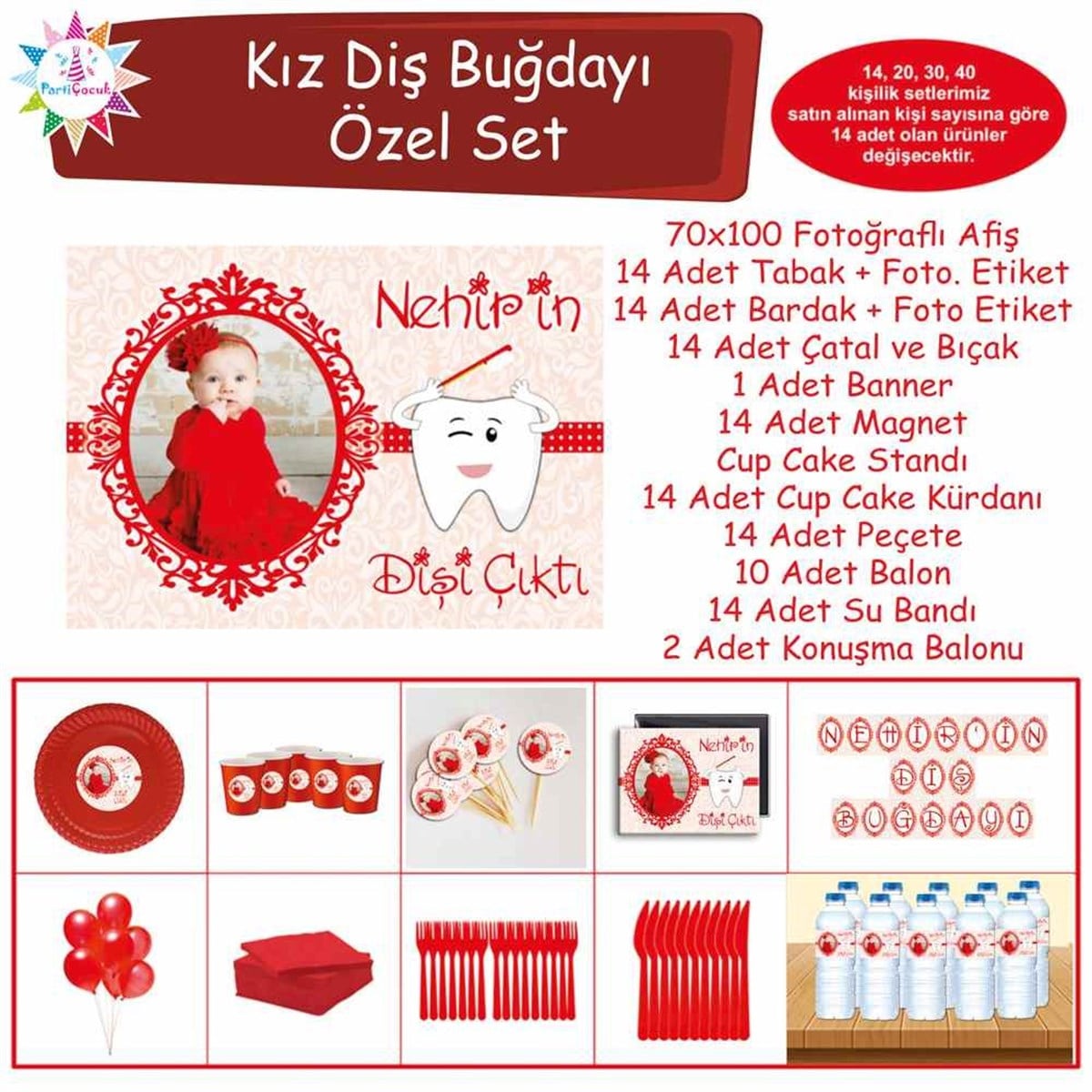 Diş Buğdayı Kırmızı ve Desenli Parti Süsü Özel Set 