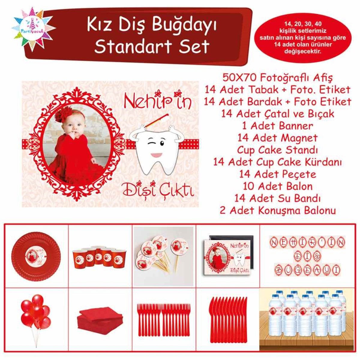 Diş Buğdayı Kırmızı ve Desenli Parti Süsü Standart Set 