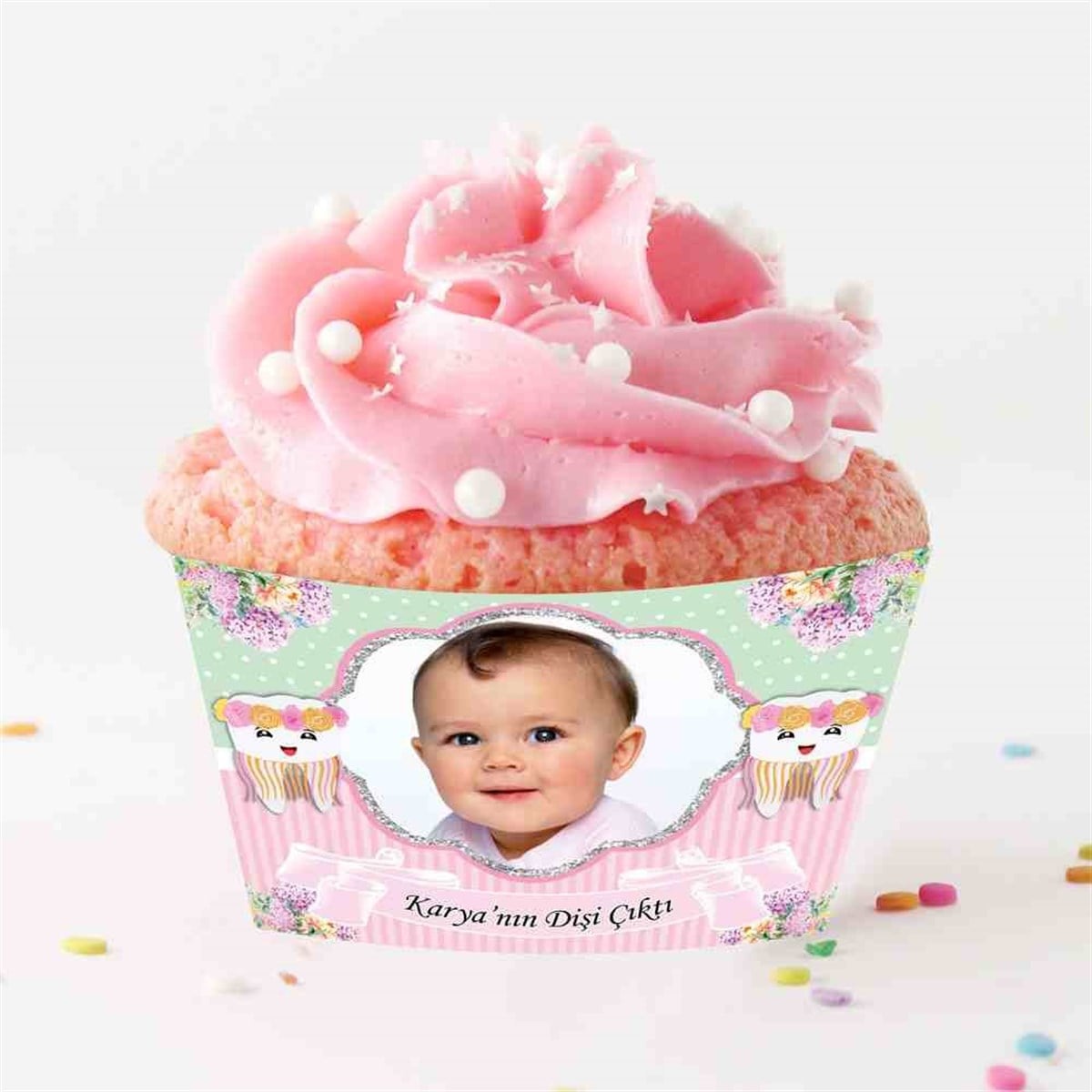 Diş Buğdayı Partisi Çiçekli Diş Cupcake Sargısı 