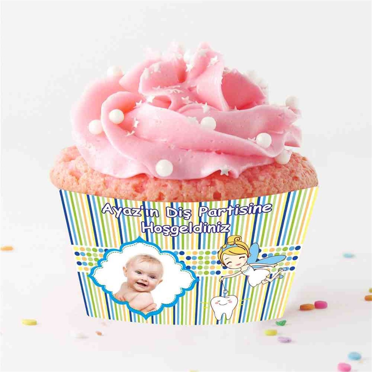 Diş Buğdayı Yeşil Çizgili Puantiyeli Cupcake Sargısı 