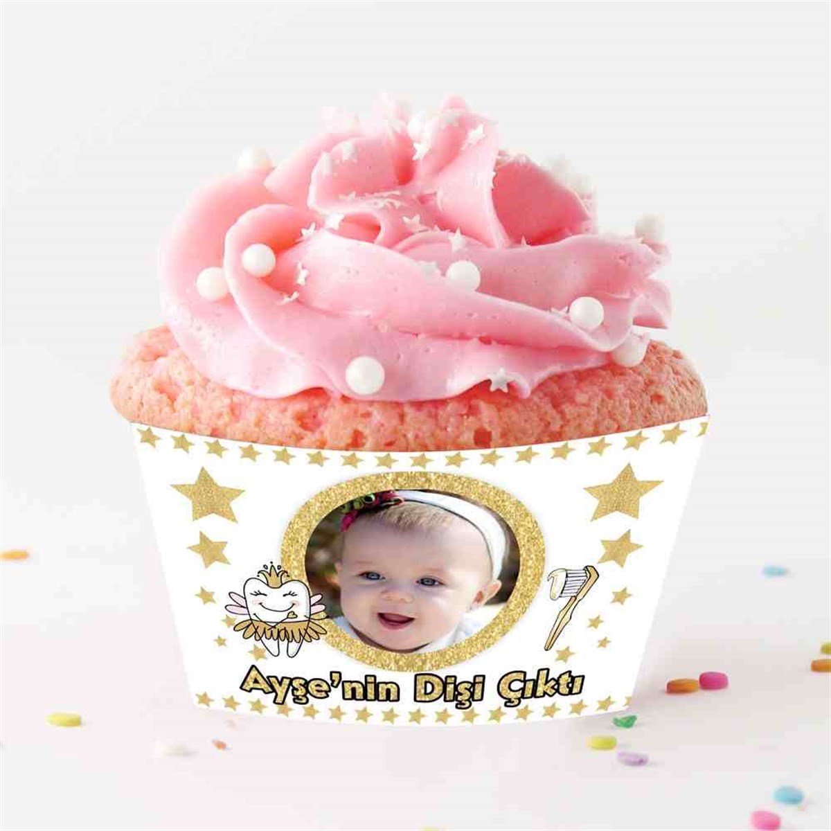 Diş Partisi Altın Yıldızlı Temalı Cupcake Sargısı 