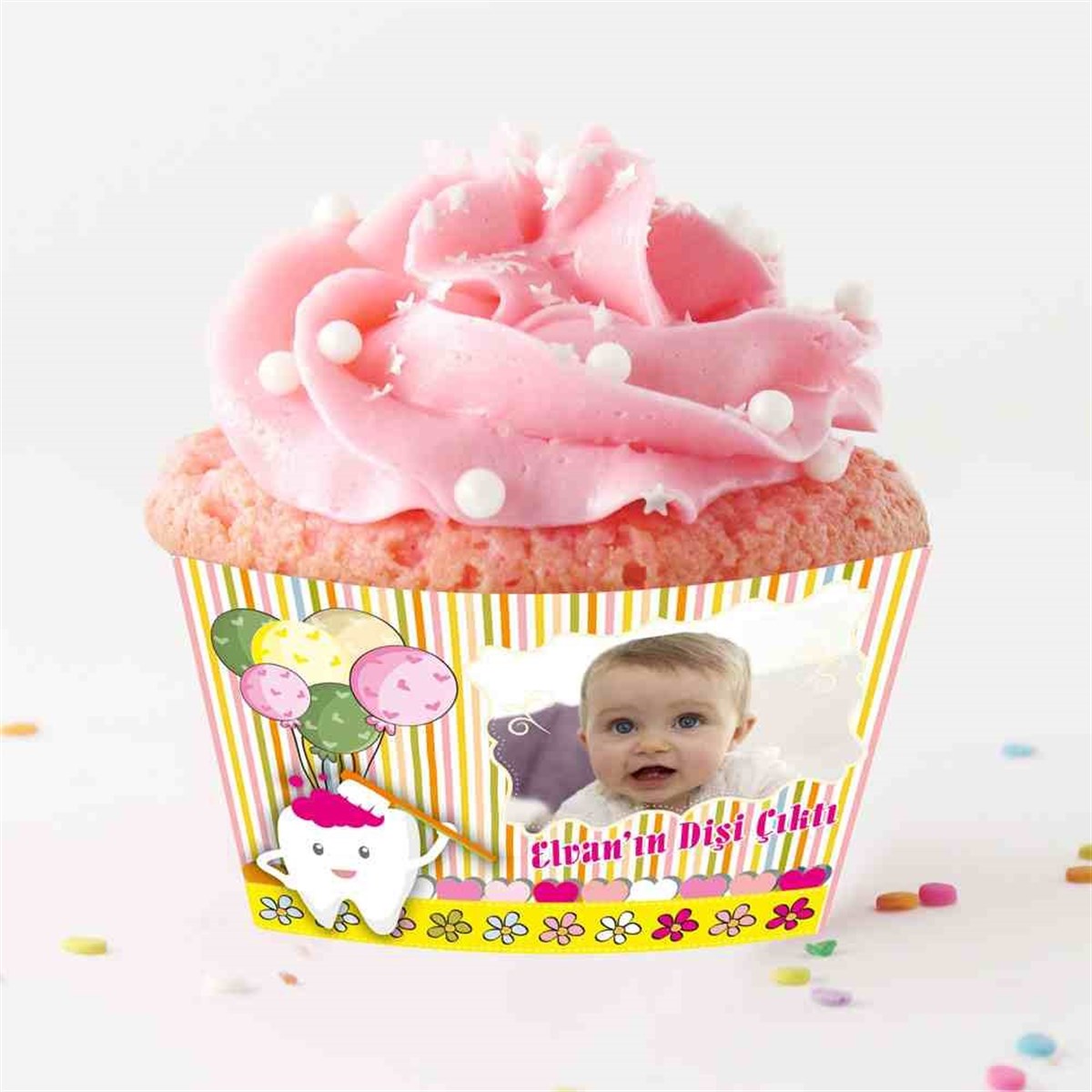 Diş Partisi Balonlu Çizgili Kavuniçi Cupcake Sargısı 