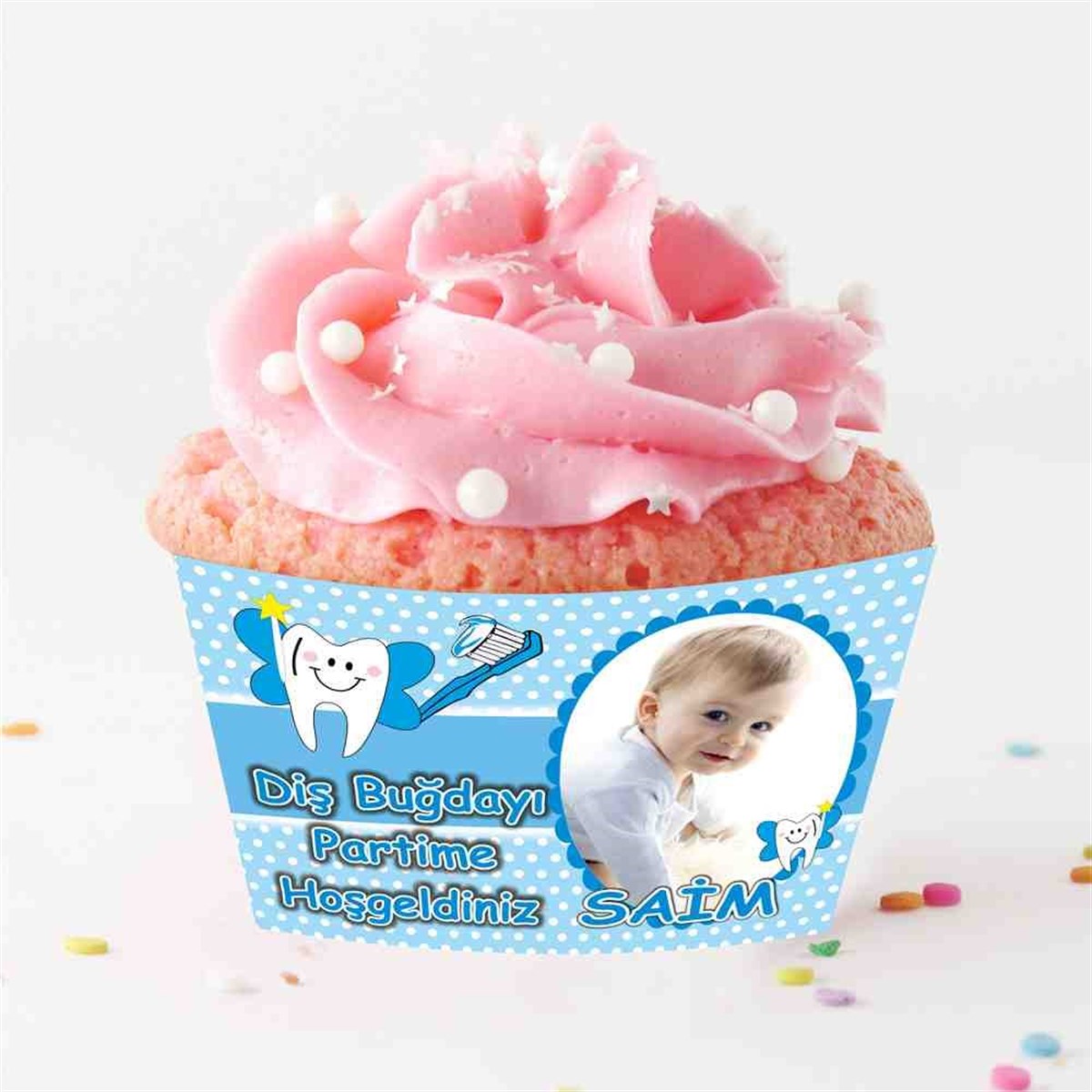 Diş Partisi Mavi Puantiyeli Cupcake Sargısı 