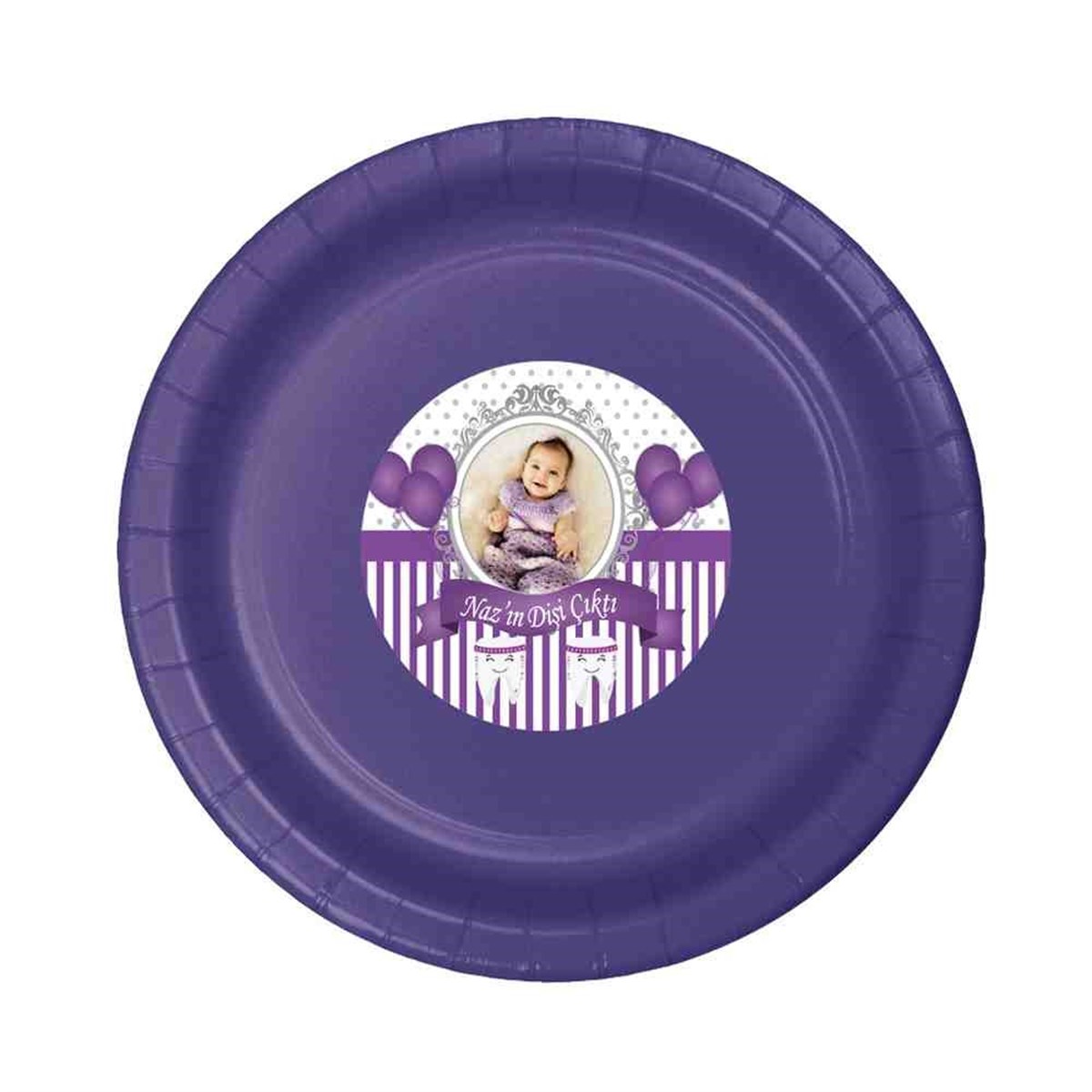 Diş Partisi Mor Balonlu ve Süslü Diş Etiketli Tabak 