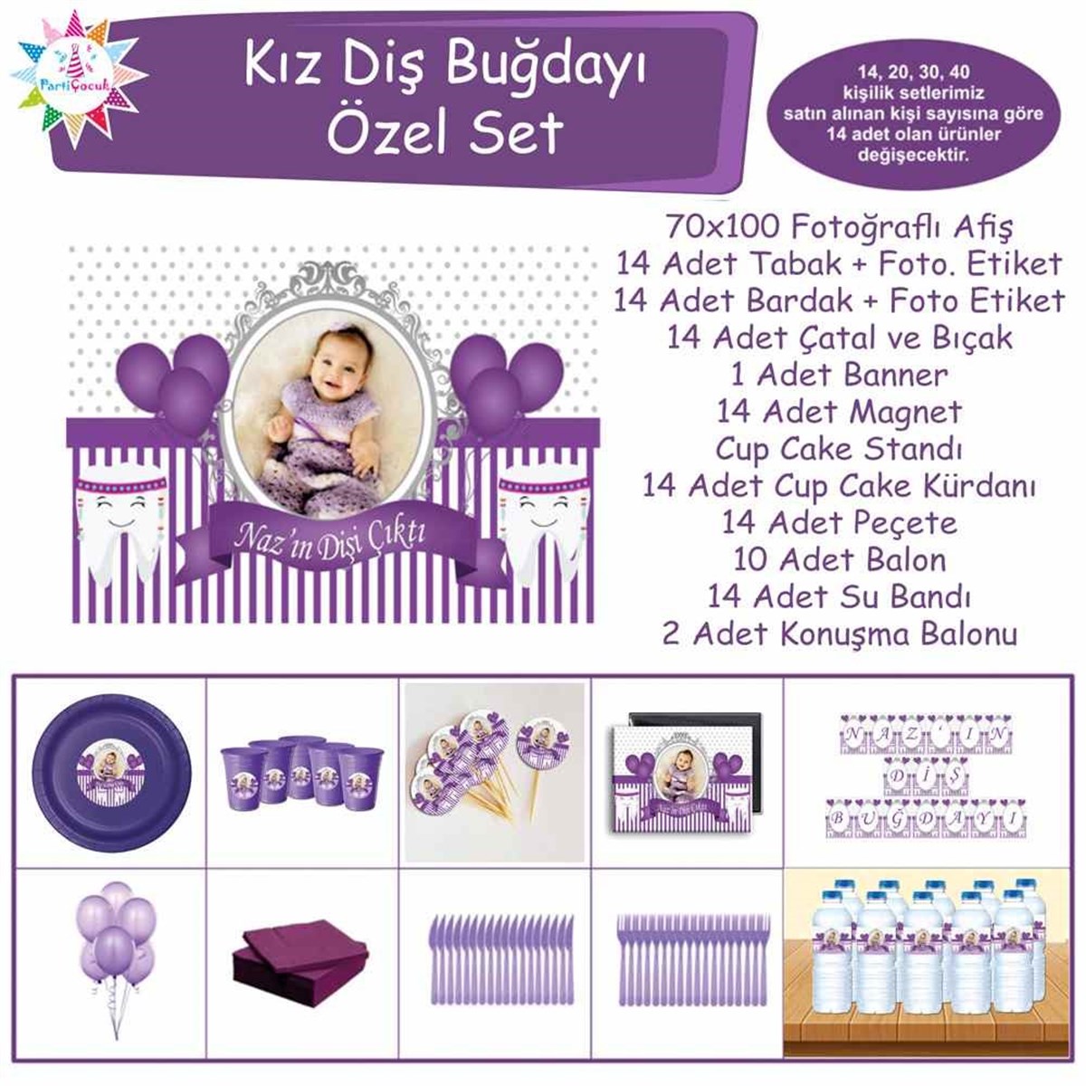 Diş Partisi Mor Balonlu ve Süslü Diş Özel Set 