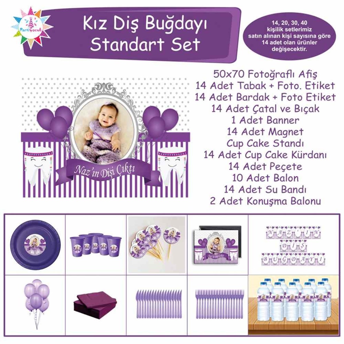 Diş Partisi Mor Balonlu ve Süslü Diş Standart Set 