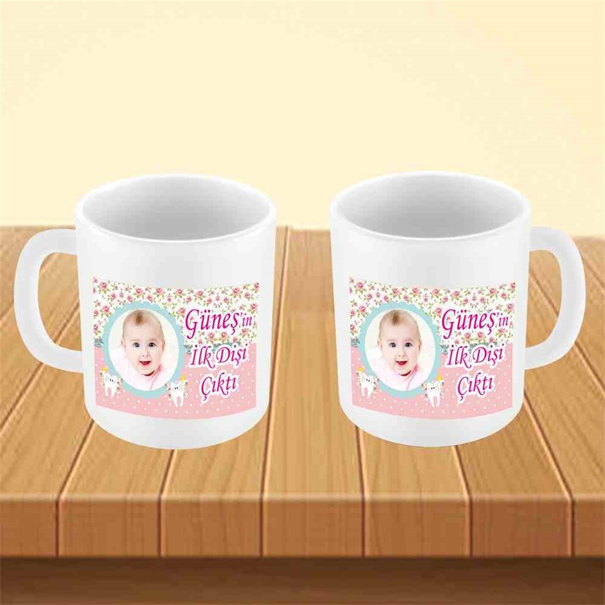 Diş Partisi Pembe Güllü Diş Parti Seti Kupa Bardak Mug 
